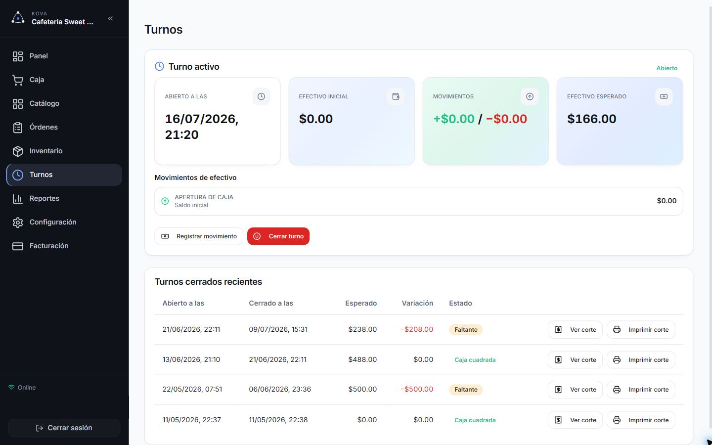 Vista real sanitizada de turnos en Kova